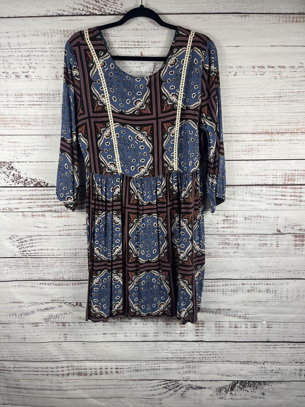 Wild Blue Sadie Robertson Dress Womens SZ XL Blue Boho Floral Paisley 3/4 Sleeve